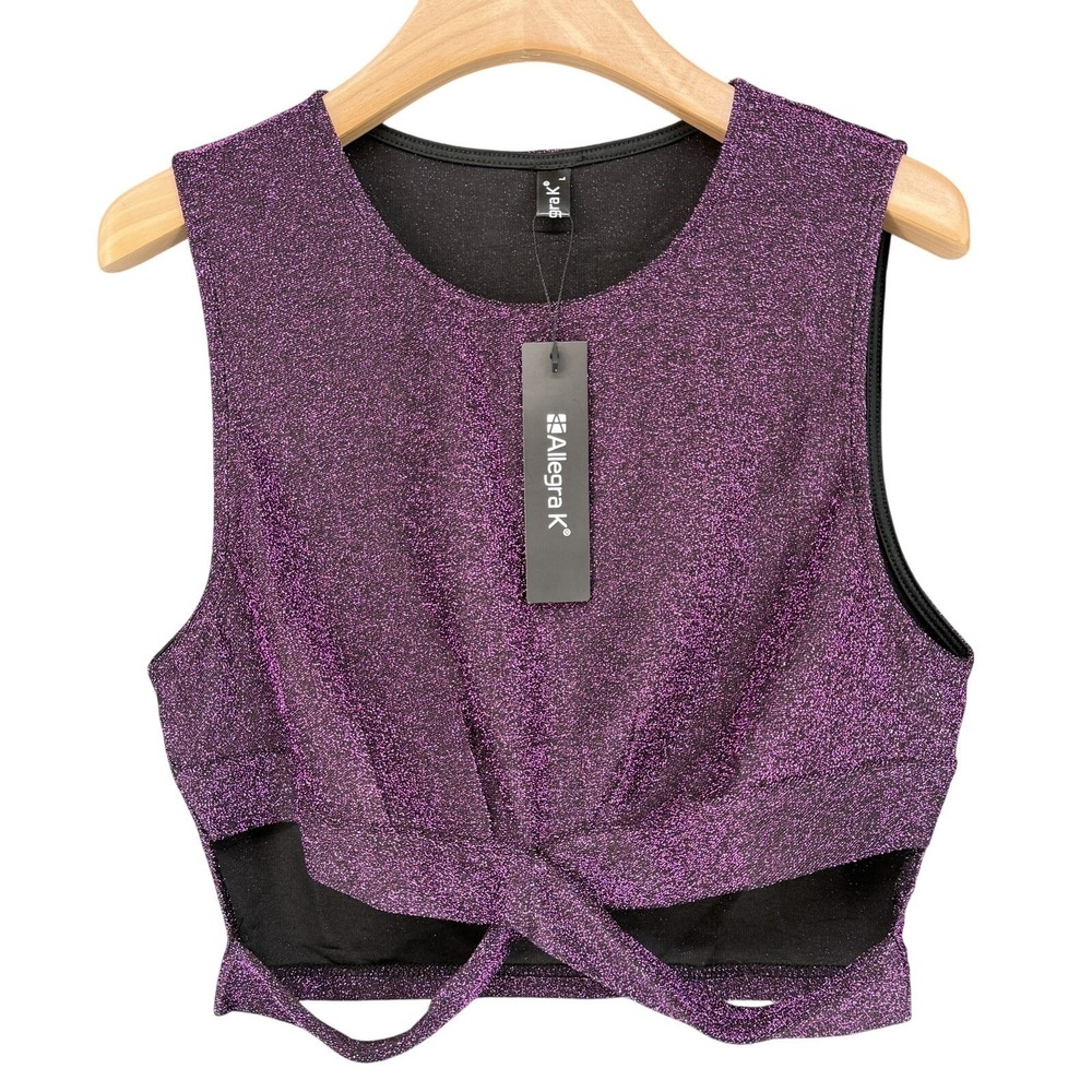 Allegra K Women's L Metallic Purple Sparkle Cropped Sleeveless Top NWT